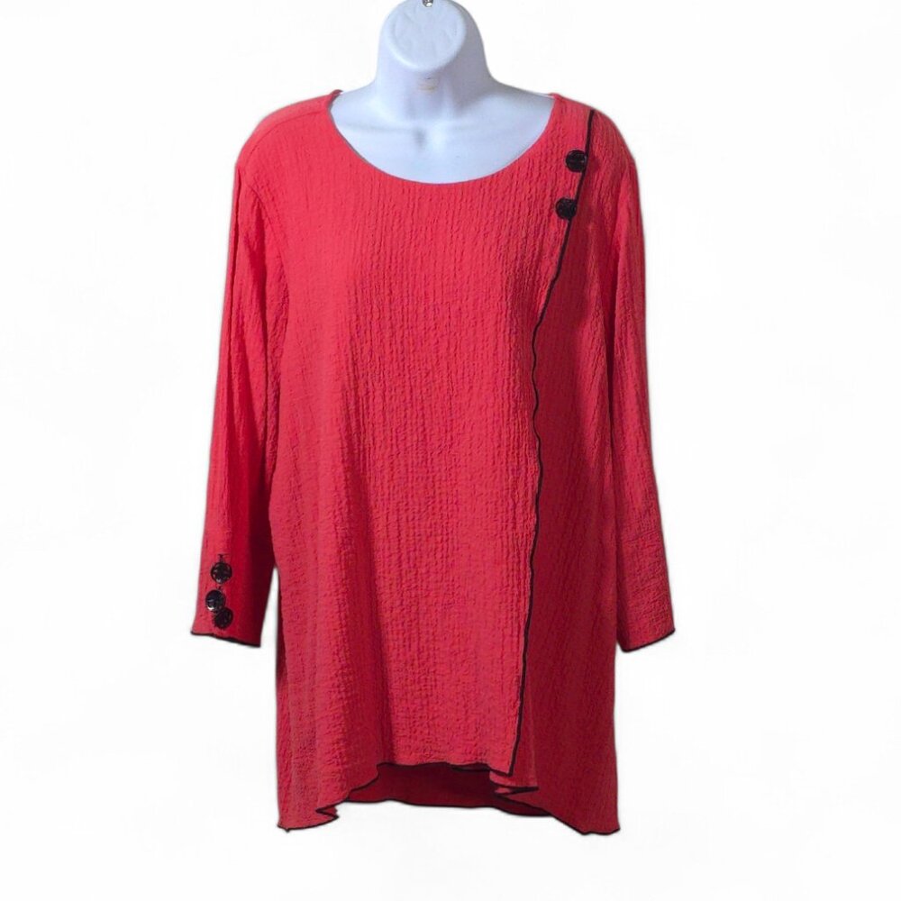 Ali Miles XL Coral Textured Tunic Asymmetrical Hem Artsy Lagenlook Boutique Top